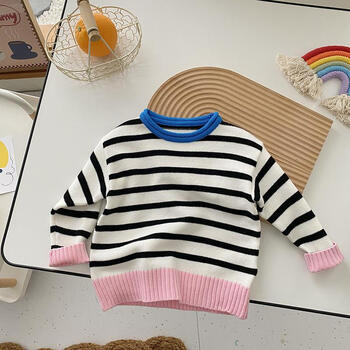 女童毛衣 女宝宝针织打底衫1-7岁韩国童装儿童撞色条纹上衣 黑白条 衣