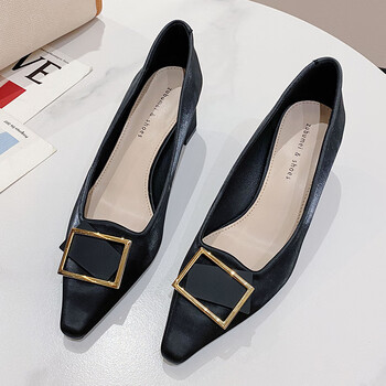 韩版方扣气质女方头粗跟浅口职业ol通勤女鞋 黑色 36【图片 价格 品牌