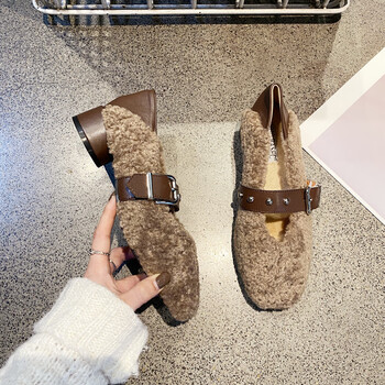 nynyc显瘦版卡其色毛毛鞋女外穿秋冬中跟粗跟方头羊羔毛鞋仙女单鞋