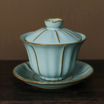 祥业  汝窑三才盖碗不烫手泡茶杯家用功夫茶具可养开片高档茶碗 天青