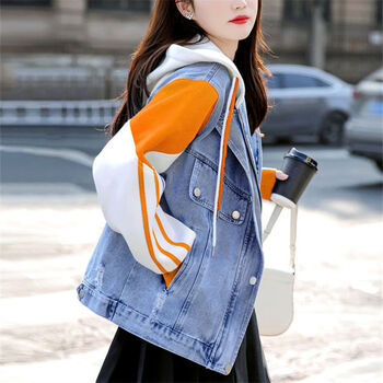 zfak连帽卫衣拼接牛仔外套女春秋年新款韩版减龄小个子牛仔衣桔色s