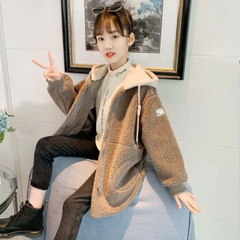 梵铺女童毛毛衣外套秋冬新款女孩中长款加厚棉衣毛绒连帽上衣休闲衣服
