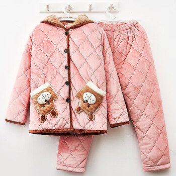 联黎幻冬季睡衣女连帽加绒加厚珊瑚绒三层夹棉甜美可爱法兰绒保暖家居