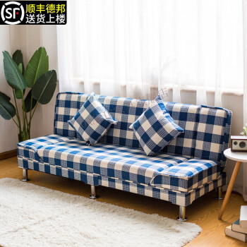 ORAKIG小户型布艺沙发房可折叠沙发床两用简易沙发客厅沙发出租房服装店沙发休息沙发 蓝白格 棉麻 双人座1.2米长度：不带抱枕