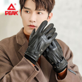 匹克皮手套男女冬季骑行冬天加绒加厚保暖防风防水触屏摩托机车 黑白