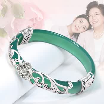 银手镯女款白玉髓手镯妈妈手镯银镯子绿玛瑙4050岁给妈妈60岁生日老人