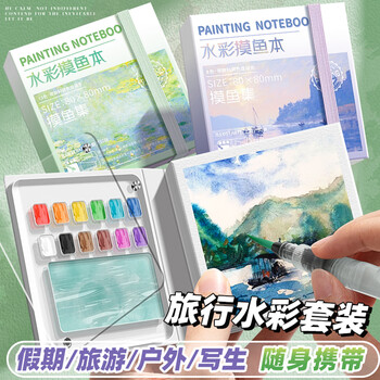 反转摸鱼集画本迷你水彩颜料盒亚克力盒随身便携儿童写生旅行绘画调色盘画板1本12格款/绿色美育工具