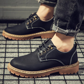 男春季大头皮鞋男士休闲短靴英伦风低帮工装靴子皮靴马丁鞋598黑色40