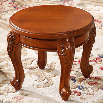 实木圆形皮凳子美式雕刻圆凳茶几凳实木矮凳真皮换鞋凳客厅沙发凳家用