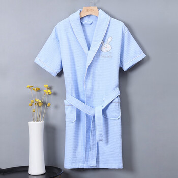 女孩中大童睡袍夏季游泳吸水速干华夫格浴衣卡通 蓝色/轻薄吸水/短袖