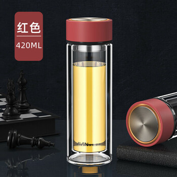 brez玻璃杯华象水晶双层玻璃杯男女士水杯带盖滤网商务办公 420红色