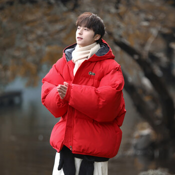 凡青少年加肥加大加厚羽绒服高中生胖子连帽羽绒服男2023冬季潮红色m