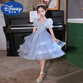 高端儿童钢琴演奏比赛走秀晚礼服蓝色短款短袖100cm建议15到17公斤