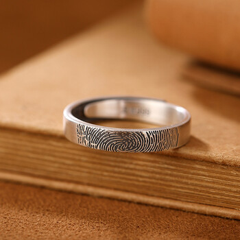 s999足银戒指复古哑光个性指纹银情侣对戒开口戒子指环生日礼物男款