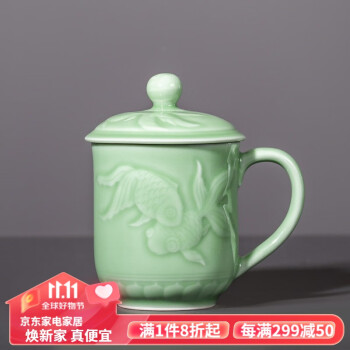 7497 中国陶器 青磁耳付柑形蓋壷(木箱) 盖罐 茶道具 茶壷 茶壺 酒器