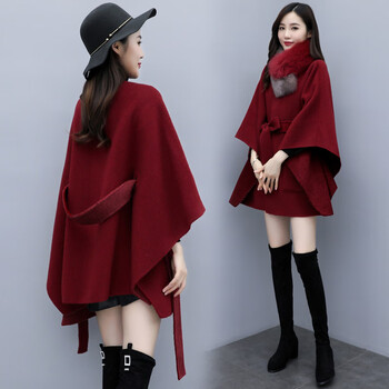 豆薇斗篷式大衣外套女双面秋冬中长款小个子呢子大毛领毛呢披肩s大概