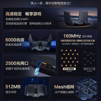 雷神电竞路由器X4无线千兆WiFi6 穿墙王ax6000 5G游戏加速6000M 2.5G网口家用 路由器