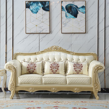 欧式沙发组合123客厅整装雕花头层牛皮中小户型沙发12号色香槟白双人