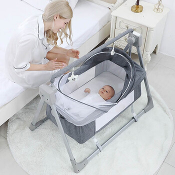 婴儿床电动婴儿摇床安睡摇篮哄睡哄娃神器便携式可折叠可拼接大床灰色