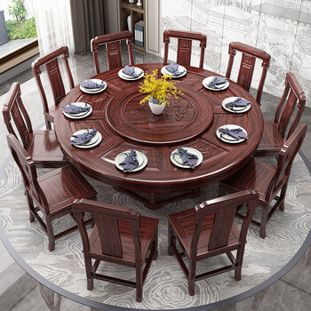 八仙桌实木餐桌圆桌全实木饭桌家用圆形转盘中式原木乌金木圆餐桌 1.