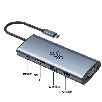 爱国者（aigo）Type-C扩展坞USB3.0分线器千兆网口HDMI/VGA转接器 SD/TF读卡器3.5音频PD100W拓展坞T10-R(金属)