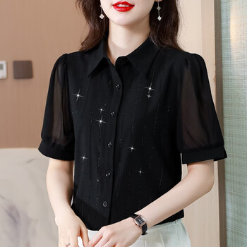 短袖衬衫女夏季装时尚洋气女士衬衣显瘦高端中年职业上衣黑色l推荐
