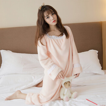 优姹冬季女士长袖秋冬天韩版可爱法兰绒家居服睡裙珊瑚绒睡衣女冬加厚