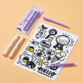 齐心(Comix）迷你世界IP联名双头美术勾线笔记号笔2支装0.5-1.5MM黑色MWMK0004