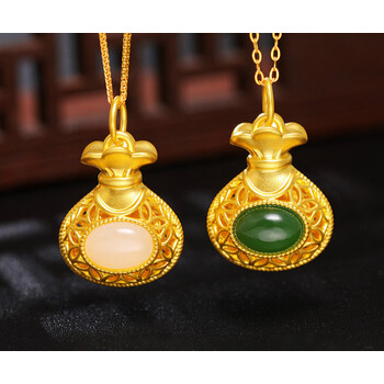 情人节礼物玉相伴黄金福袋金镶玉吊坠女999足金福字和田碧玉项链母节