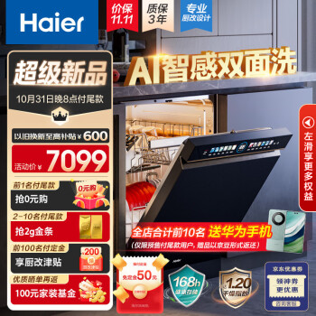 海尔(Haier)大16套嵌入式大容量洗碗机W5000Max 双面洗2.0 空间升级 除菌消毒 智能开门速干EYBW163266GHU1
