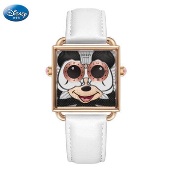 迪士尼手表男学生新款青少年米奇个性潮流夜光方块表防水石英表 白色