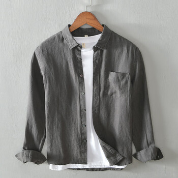 纯亚麻长袖方领衬衫男简约舒适透气休闲外套男百搭潮款男装上衣宽松