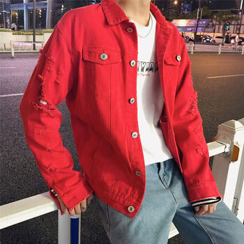 18岁男生春秋穿的破洞牛仔夹克粉色年代外套潮牌欧美街头潮流06红色l