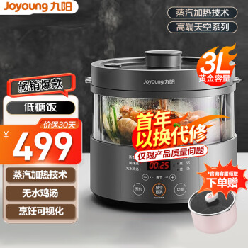 九阳(Joyoung)电饭煲 蒸汽电饭煲电蒸锅多功能无涂层玻璃内胆低糖电饭煲3升 F30S-S160【软装】