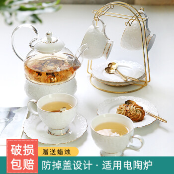 那些时光 英式下午茶茶具 欧式花茶茶具花茶杯套装 陶瓷玻璃煮水果蜡烛茶壶 白玫瑰(4杯碟+（壶+底座) 含铁架+金勺-彩盒装