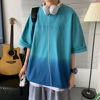 依可籁  渐变色短袖t恤男潮牌夏季美式街头原宿风衣服ins港风宽松百搭