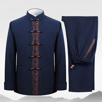 长袖唐装男春秋季老年人衣服宽松套装刺绣盘扣汉服男中国风爸爸装定制