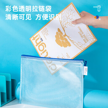 得力(deli)63469 A4彩色透明文件袋拉边袋 网格拉链袋资料袋档案袋 票据试卷收纳袋 颜色随机 10个/包 1包装