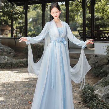汉服女超仙气古风飘逸魏晋风古装中国风古典舞蹈演出服装夏季 蓝白色