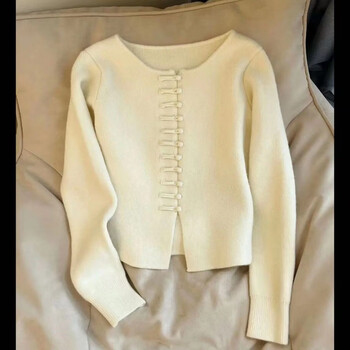 fryhzh姜千万新中式气质显白感毛衣女士秋冬中国风盘扣开衫外套米白色