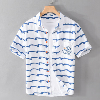 时尚简约帅气沙滩旅行男全棉字母刺绣衬衣棉质男装棉布衣服棉料上衣e
