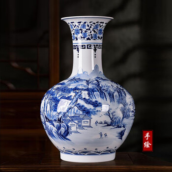 中国美術 青花 山水人物画 瓢瓶 高34cm(RC971) 【公式通販】