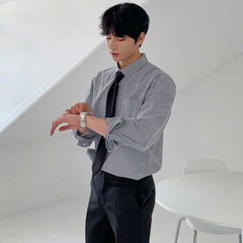 slytro韩国条纹衬衫男内搭打底衬衣商务休闲韩版潮流百搭职业黑色条纹
