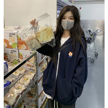 优衣库加绒加厚小花朵连帽卫衣女秋冬保暖开衫拉链上衣长袖打底衫女