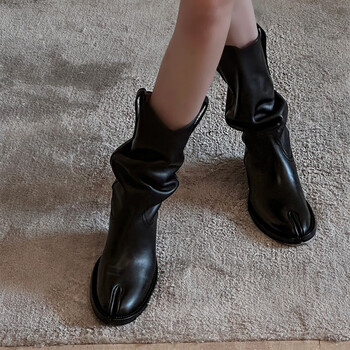 impresswit西部尖头牛仔骑士靴女复古西部牛仔靴女尖头猪蹄分趾靴黑色