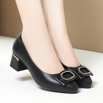 软底软面粗跟女单鞋中跟百搭黑色工作鞋大码皮鞋923黑色跟高45cm35