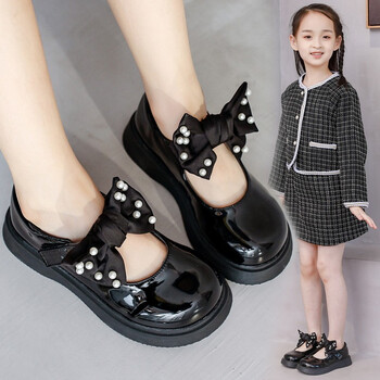 新款女童皮鞋软底蝴蝶结珍珠公主鞋中大童学生小皮鞋 黑色方钻款 34码