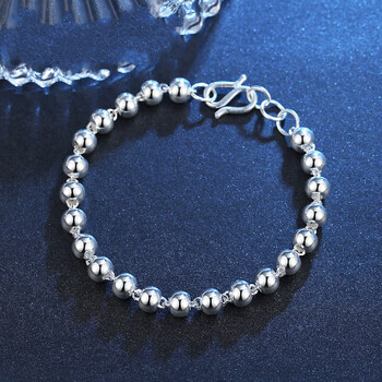 思嘉陀s990足银空心银佛珠手链圆珠光面珠手链情侣银手链手串 5毫米宽