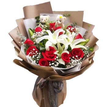 11朵红玫瑰3朵白百合花束 日常价
