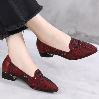 喜婆婆婚宴鞋半高跟鞋妈妈婚礼鞋酒红色婚礼婆婆鞋秋婚宴中跟水钻浅口